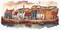 Welsh seaside town fishing village harbour scene watercolour Wales Royalty Free Stock Photo