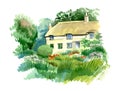 Welsh traditional house in the garden, England. Watercolor hand drawn landscape.