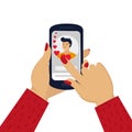 Women`s hand holding phone with with a man portrait. Online love chat in internet. Online dating or dating site. Long Royalty Free Stock Photo