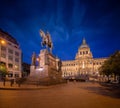 Wenceslas Square with equestrian statue of saint Vaclav in front of National Museum during the night in Prague, Czech Republic