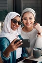 Were definitely uploading this. Cropped shot two affectionate young girlfriends taking a selfie together at a cafe while