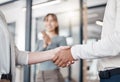 Were going to do great things. two unrecognizable businespeople shaking hands in an office at work.