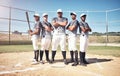 Were kind of a big deal around here. Portrait of a group of confident young men playing a game of baseball.