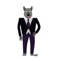 A werewolf in a classic business suit in the shape of a wolf. Jacket black pants purple.