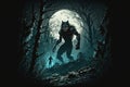 werewolf, creeping through the forest at night, under the moonlight