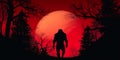 Werewolf dogman silhouette and red full moon in forest. Generative AI Royalty Free Stock Photo