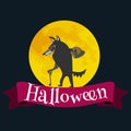 Werewolf on halloween with the full moon background, horror wolf at night vector invintation, autumn holliday