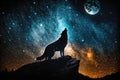 werewolf howling at full moon, surrounded by stars