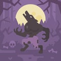 Werewolf howling at the moon in a dark forest at night