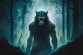 werewolf, with its eyes glowing in the night, looking out over a misty forest Royalty Free Stock Photo