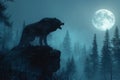 werewolf lycanthrope howls at full moon on top of mountain in forest in mist at night Royalty Free Stock Photo