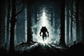 werewolf running through moonlit forest, with the beams of light shining through the trees Royalty Free Stock Photo