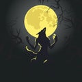 Werewolf silhouette on full moon background. Halloween monster banner. Black shape of scary beast in a dark forest Royalty Free Stock Photo