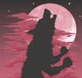 Werewolf silhouette howling at moon