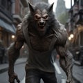 A Werewolf walking through the Streets, shot body photo, creepy, unsettling, intricate, high detail