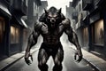 A Werewolf walking through the Streets, shot body photo, creepy, unsettling, intricate, high detail