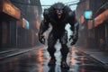 A Werewolf walking through the Streets, shot body photo, creepy, unsettling, intricate, high detail