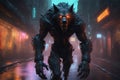 A Werewolf walking through the Streets, shot body photo, creepy, unsettling, intricate, high detail