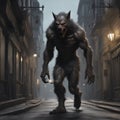 A Werewolf walking through the Streets, shot body photo, creepy, unsettling, intricate, high detail