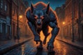 A Werewolf walking through the Streets, shot body photo, creepy, unsettling, intricate, high detail