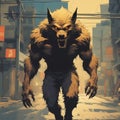 A Werewolf walking through the Streets, shot body photo, creepy, unsettling, intricate, high detail