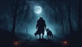 Werewolf and wolf friend walking down a path in a winter forest under a full moon with copy space