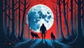 Werewolf and wolves in the halloween forest with copy space