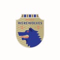 Werewolves Medeival Sports Team Emblem. Abstract Vector Sign, Symbol or Logo Template. Angry Wolf Head in a Shield with Royalty Free Stock Photo