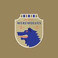 Werewolves Medeival Sports Team Emblem. Abstract Vector Sign, Symbol or Logo Template. Angry Wolf Head in a Shield with Royalty Free Stock Photo