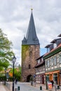 Wernigerode, Germany - May 2019: Streets of Wernigerode with medieval tower