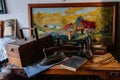 Wernigerode, Saxony-Anhalt, Germany, 29 October 2022: interiors of Kleinstes Haus, Folklore Museum, sofa with cushions and table