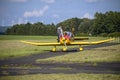 Wershofen, Germany 03 September 2017. Yellow light aircraft with one propeller at air show in western Germany, a plane standing