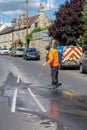 Bradford on Avon May 21st 2019 A water engineer trying to precisely locate a burst pipe