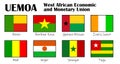 West African Economic and Monetary Union. UEMOA official flag and the national flags of the eight countries which are full member