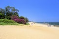 West amoy island sandy beach with purple bougainvillea and trees Royalty Free Stock Photo