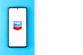 West Bangal, India - April 20, 2022 : Chevron Corporation logo on phone screen stock image.