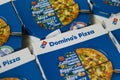 West Bangal, India - August 21, 2021 : Dominos pizza on box stock image.