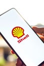 West Bangal, India - October 09, 2021 : Royal Dutch Shell logo on phone screen stock image.