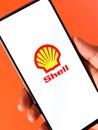 West Bangal, India - October 09, 2021 : Royal Dutch Shell logo on phone screen stock image.