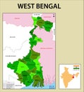 West Bengal map. Showing International and State boundary and district boundary of West Bengal. Political and administrative color