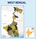 West Bengal map. Showing International and State boundary and district boundary of West Bengal. Political and administrative color