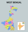 West Bengal map. Showing International and State boundary and district boundary of West Bengal. Political and administrative color