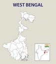 West Bengal map. Showing International and State boundary and district boundary of West Bengal. Political and administrative color