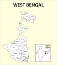 West Bengal map. Showing International and State boundary and district boundary of West Bengal. Political and administrative color