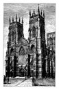 West Front of York Minster or Gothic cathedral, vintage engraving