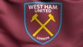 West Ham United flag blowing in the wind. Emblem of Football Club FC Premier League. Champion winner in soccer. 3d illustration.