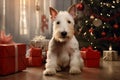 A West Highland White Terrier puppy sits in the middle of Christmas red presents, tree with ornaments in the background Royalty Free Stock Photo