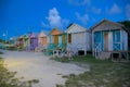 West Indies, Caribbean, Antigua, Long Bay, Colourful Beach Huts at Dusk
