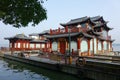 West lake with traditional buildings