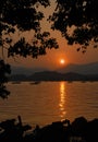 West Lake Xi Hu sunset in Hangzhou, Zhejiang Province, China. View of West Lake in Hangzhou at sunset. Royalty Free Stock Photo